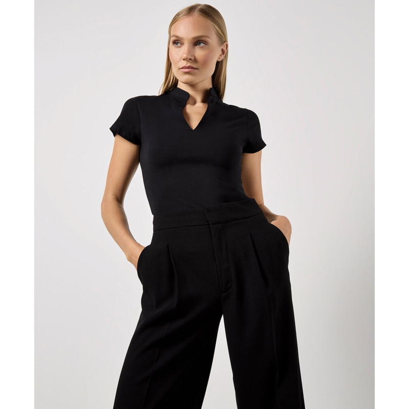 Women's corporate short-sleeved top v-neck mandarin collar (regular fit) Thumbnail